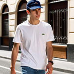 ** A stylish young man in Spain wearing a classic Lacoste cap with the crocodile logo, paired with jeans and a white t-shirt. He is walking along a sunny street in Madrid, exuding a relaxed yet polished look. Focus on the elegance and sporty vibe of the Lacoste cap.

**